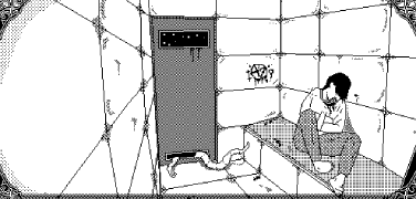 The game over screen when your reason is depleted - your character in a padded cell in a straightjacket, with tentacles invading the room through the door